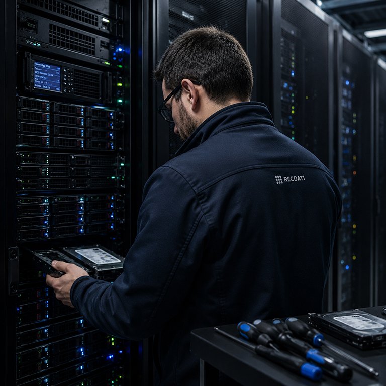 Tecnico RecDati durante un intervento di recupero dati in una sala server enterprise con infrastruttura RAID professionale