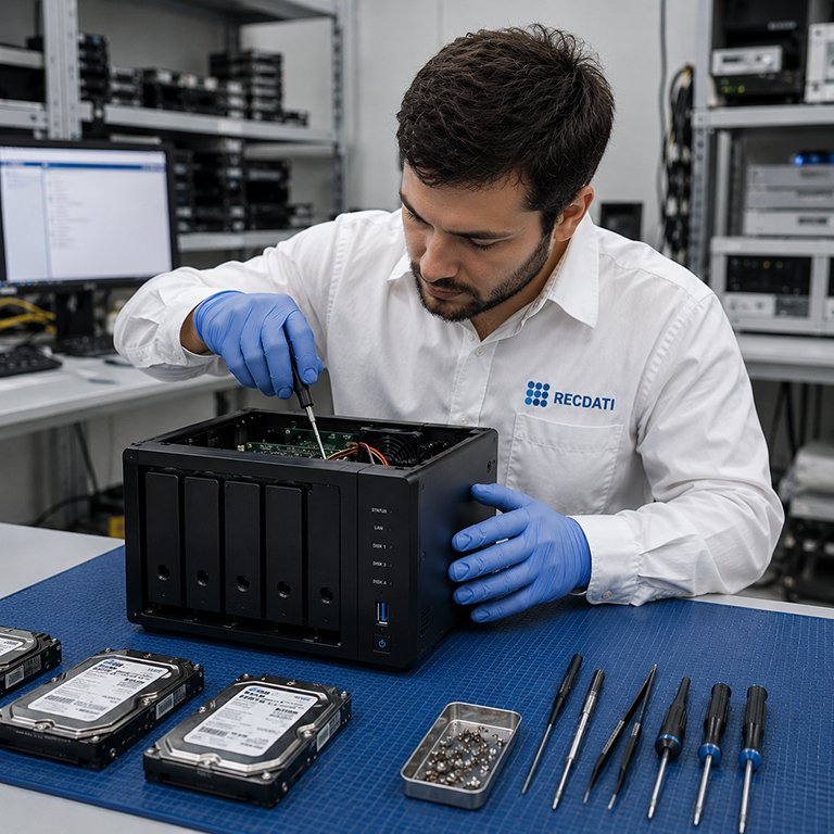 Tecnico RecDati con guanti in laboratorio che interviene su NAS aperto con dischi estratti per recupero dati professionale