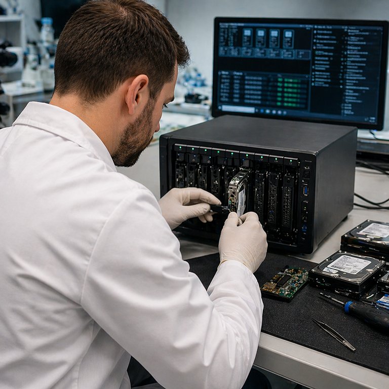 Tecnico al lavoro su sistema NAS per recupero dati da RAID danneggiato