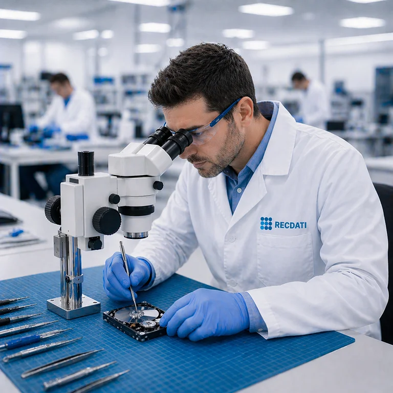 Tecnico RecDati con camice bianco esamina un hard disk al microscopio nel laboratorio di recupero dati a Torino