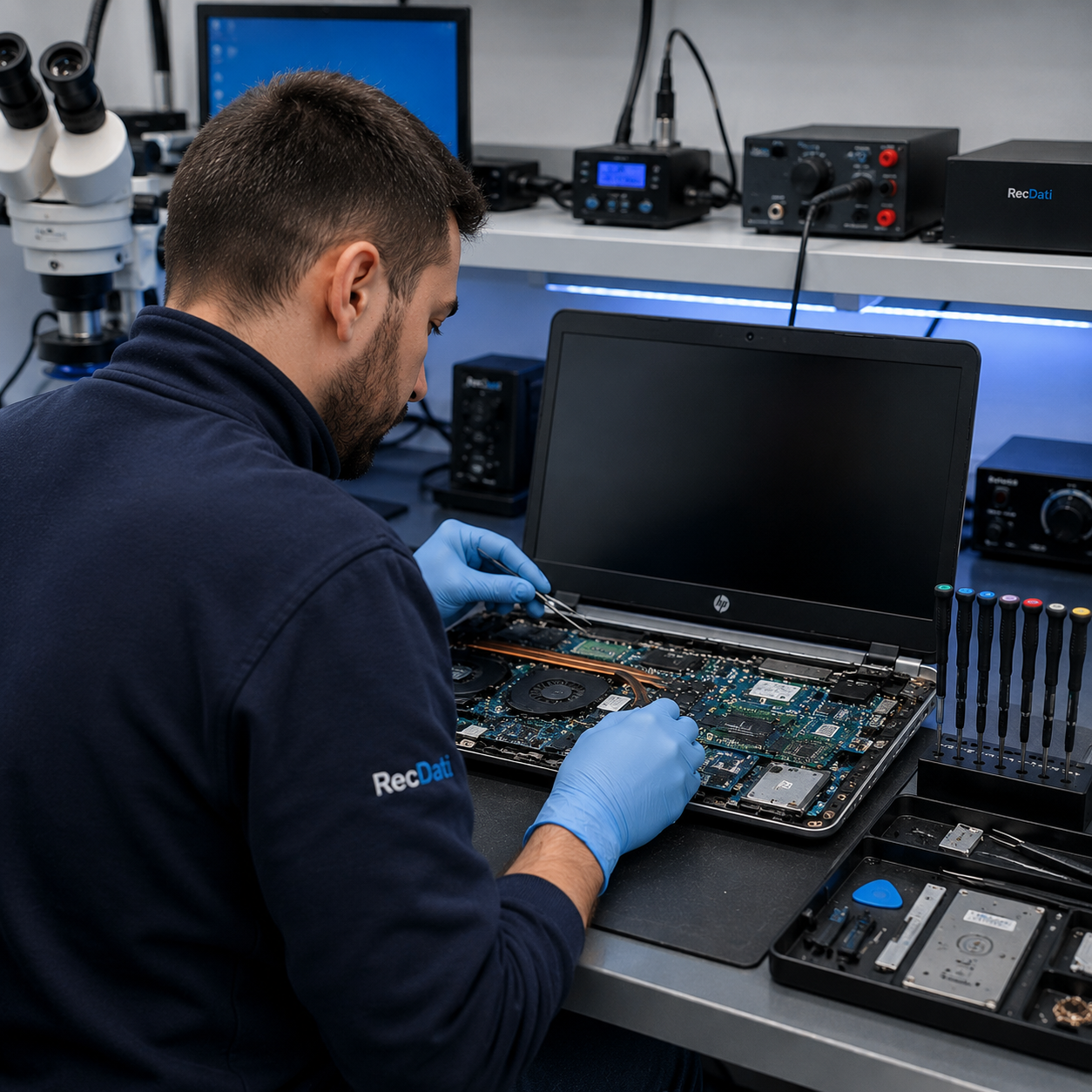 Tecnico specializzato esegue intervento di recupero dati su laptop HP in laboratorio RecDati