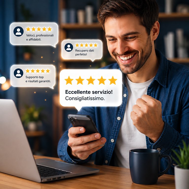 Cliente sorridente che mostra il suo smartphone circondato da recensioni a 5 stelle del servizio di recupero dati RecDati