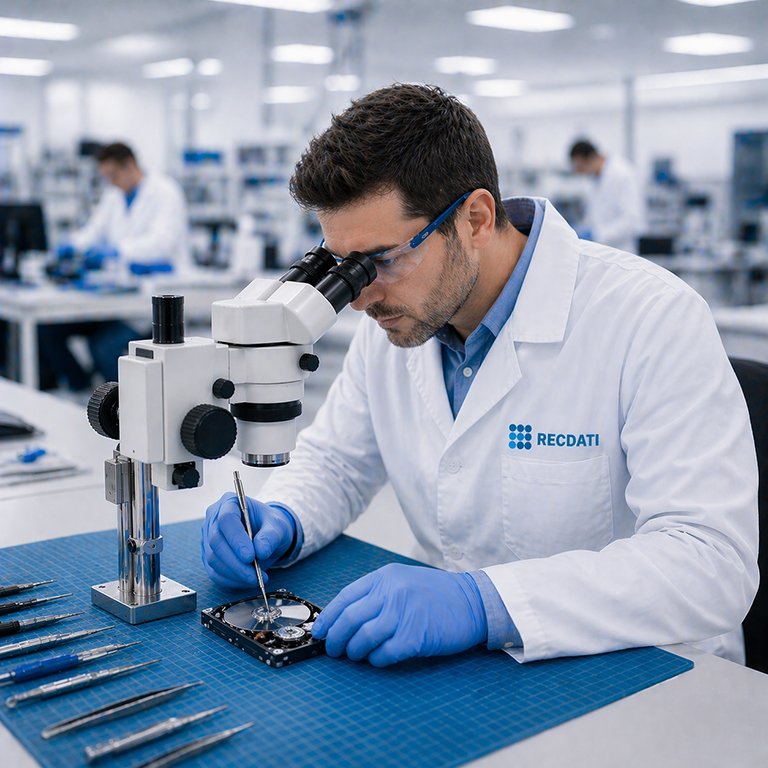 Tecnico laboratorio recupero dati che analizza hard disk sotto microscopio in camera bianca