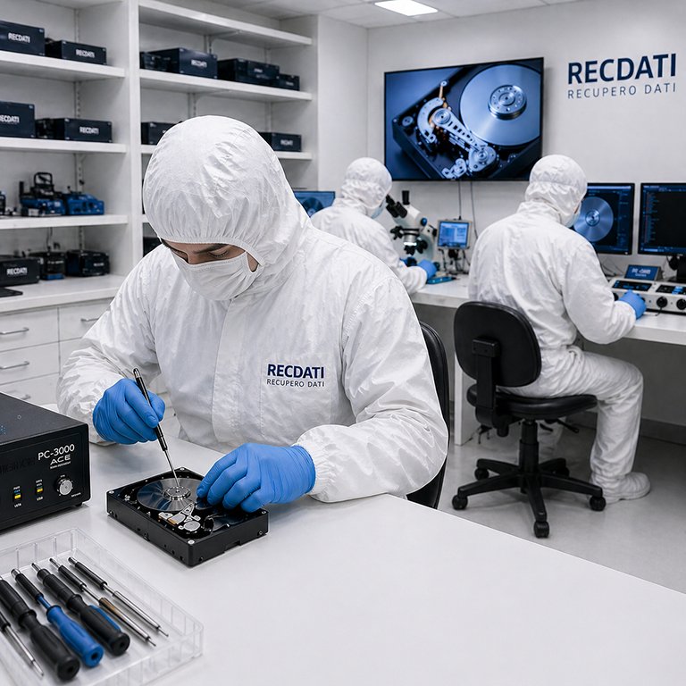 Tecnico in laboratorio cleanroom RecDati mentre ripara un hard disk con strumenti di precisione