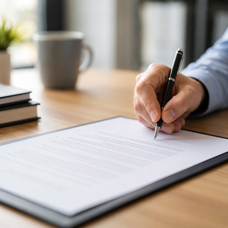 Mano che firma un documento su scrivania professionale in ufficio per rappresentare termini di utilizzo e documentazione legale.
