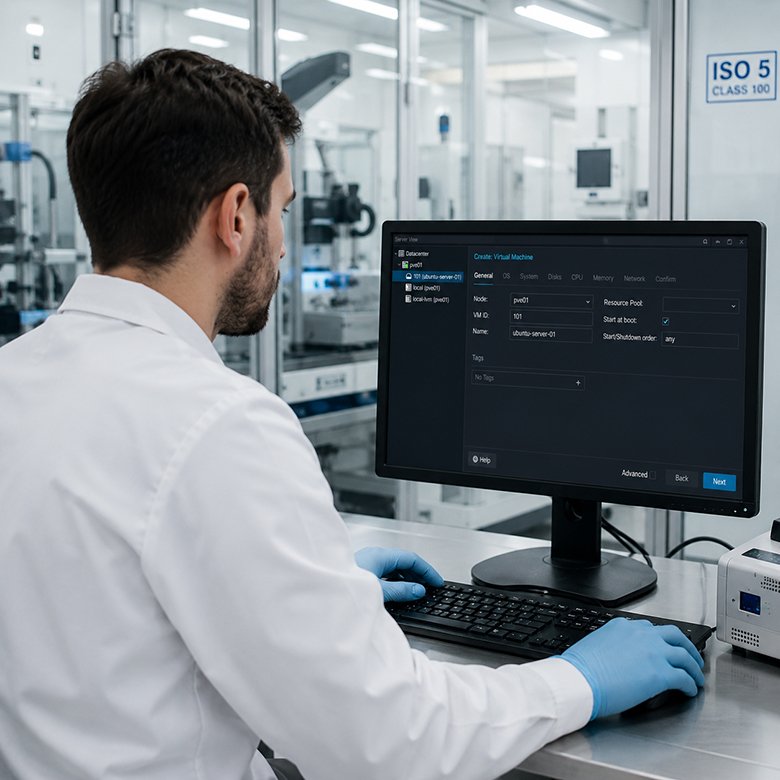 Tecnico specializzato al lavoro su server in laboratorio di recupero dati da macchine virtuali