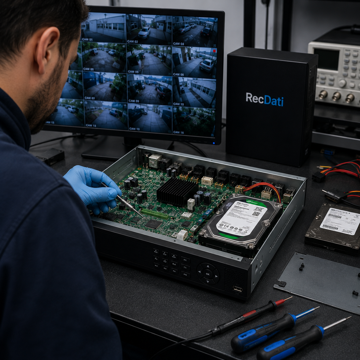 Tecnico specializzato esegue recupero dati da DVR CCTV con hard disk danneggiato