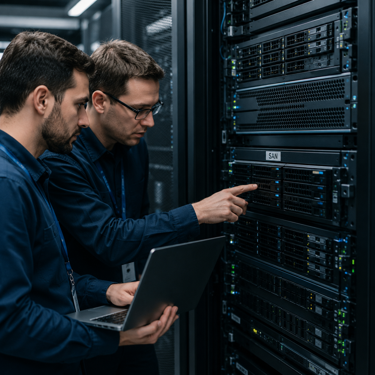 Due tecnici RecDati analizzano un sistema SAN all’interno di un data center per il recupero dei dati