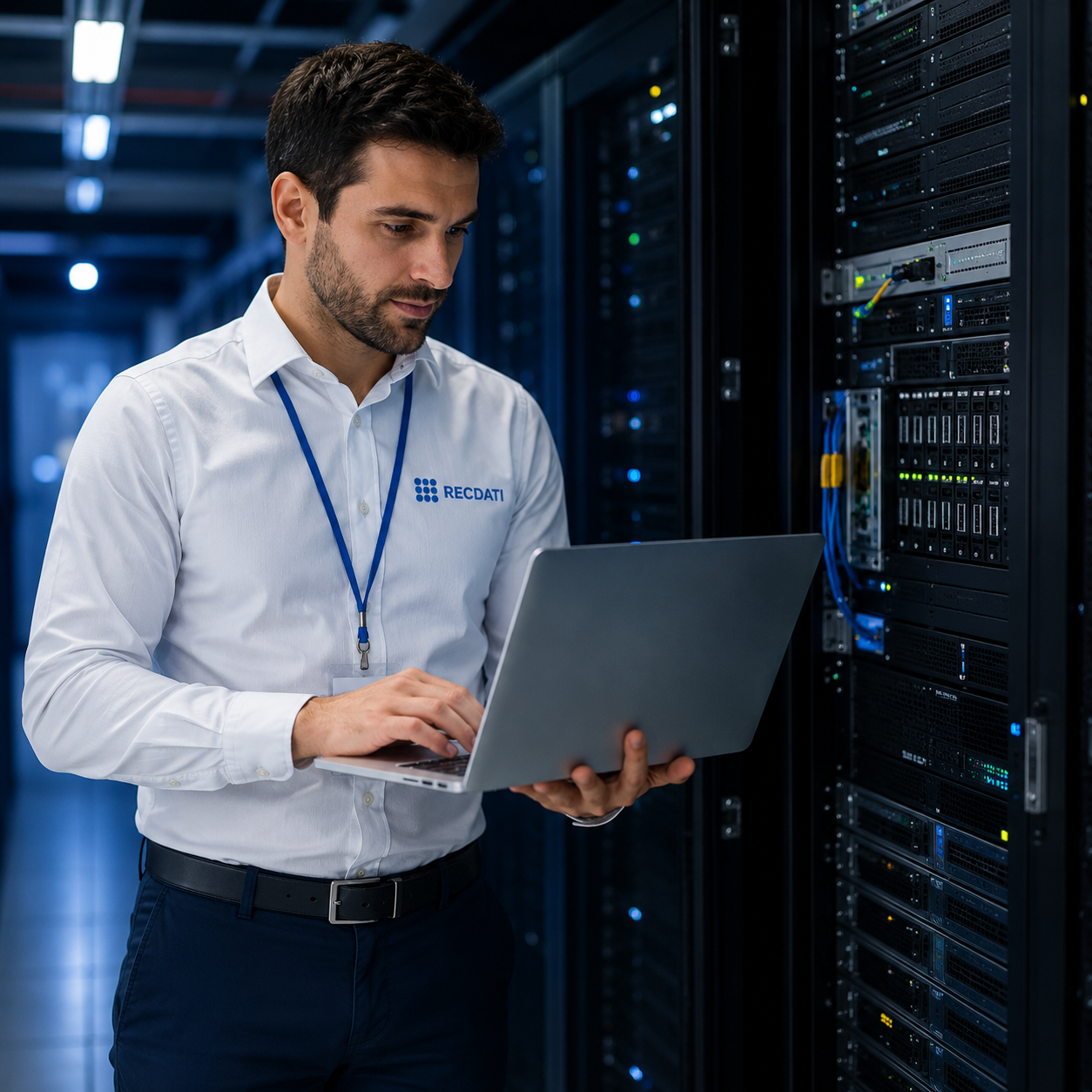 Tecnico informatico RecDati in data center con notebook per recupero dati DAS