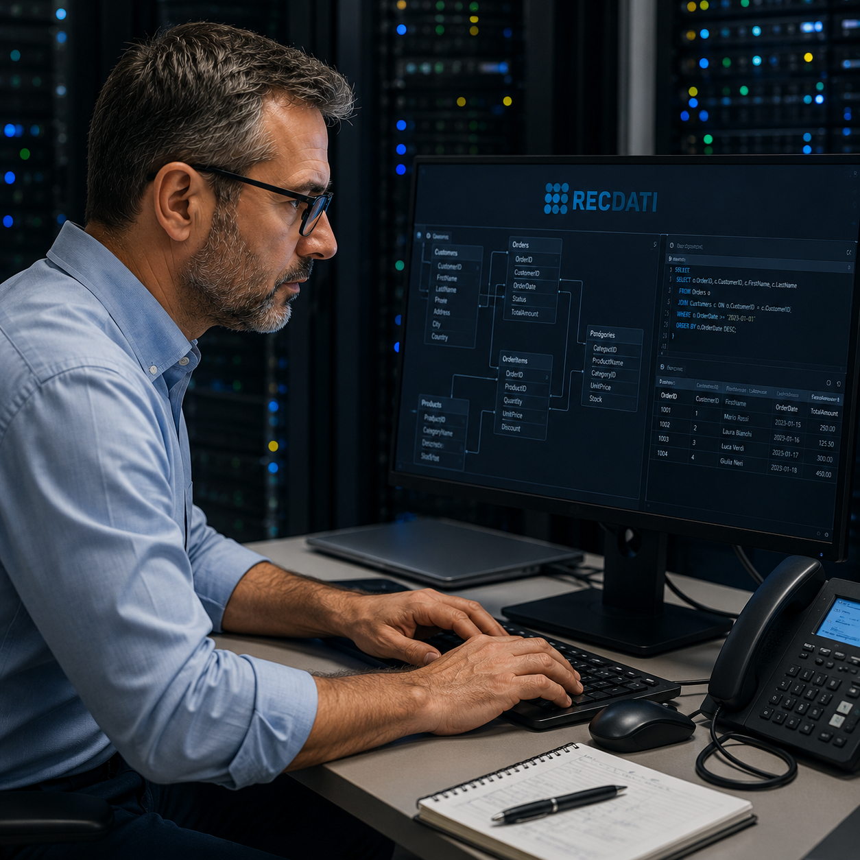 Tecnico esperto analizza database SQL e sistemi server per operazioni di recupero dati professionale