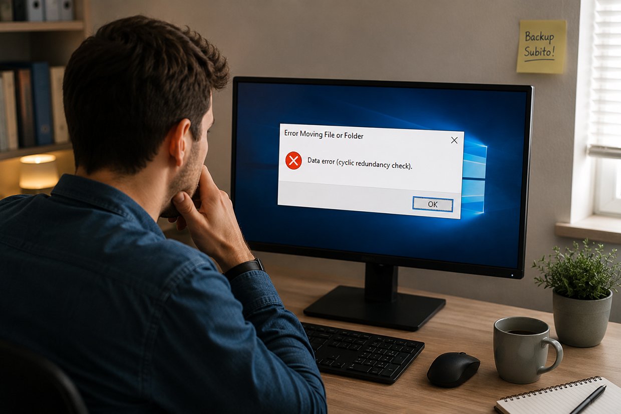 Utente davanti al computer con errore "Data error (cyclic redundancy check)" visualizzato sullo schermo di Windows